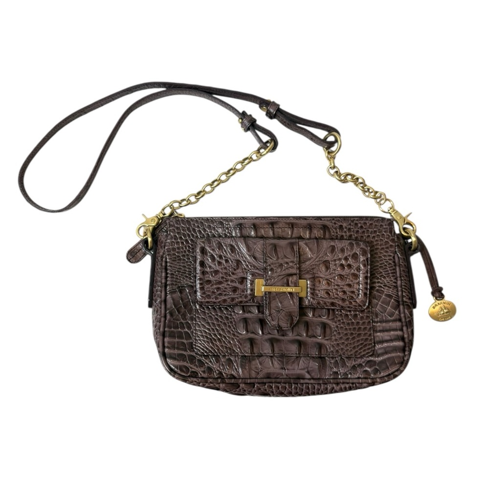 Brahmin Croc Embossed Leather Designer Small Crossbody Purse Brass Hardware
